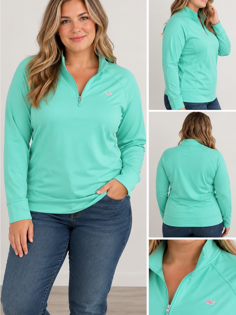 VINEYARD VINES XL Performance Jersey 1/4 Zip Pullover Top Teal Mint Long Sleeve